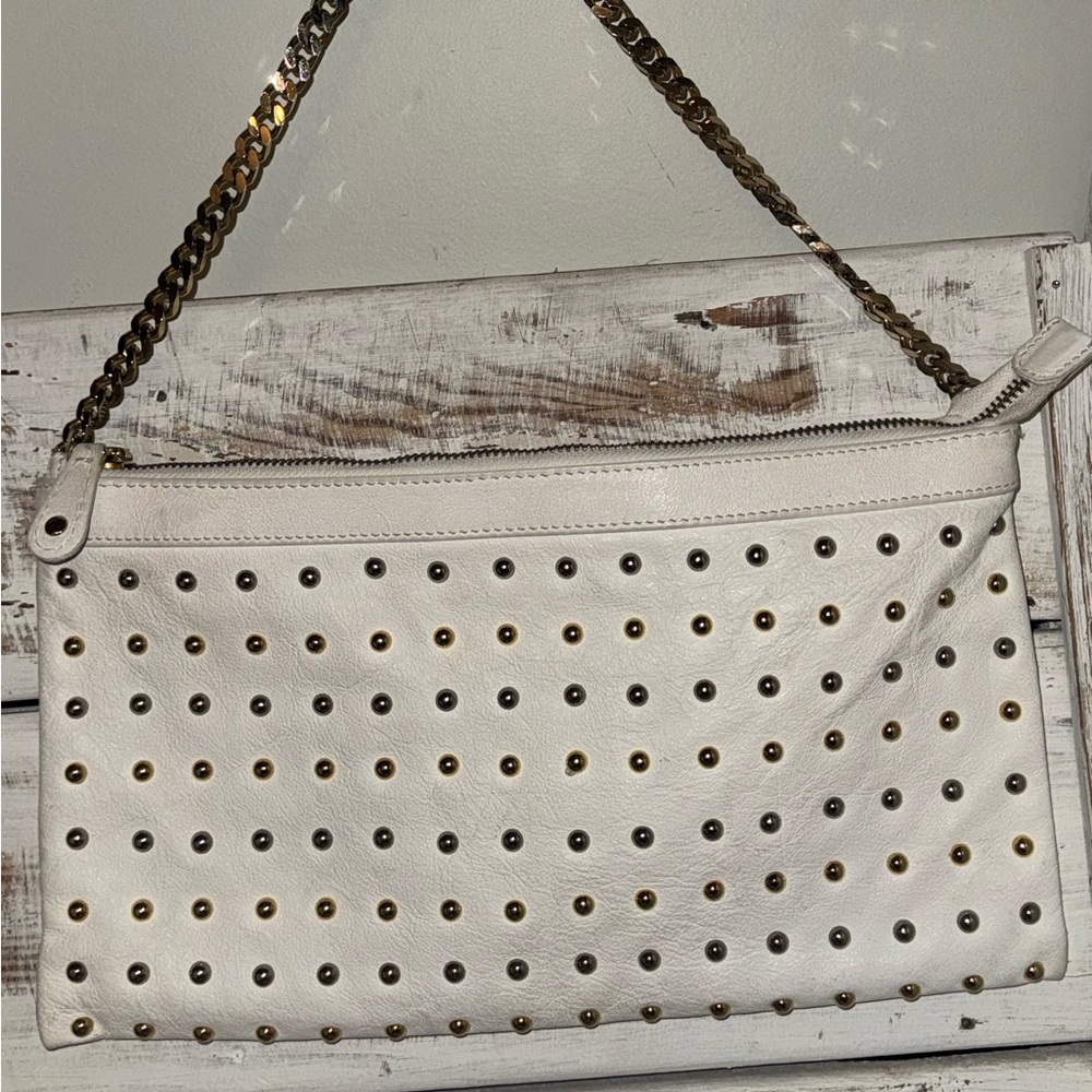 Elegant White Studded Clutch with Gold Accents